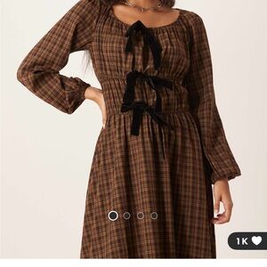 Glamorous Brown Plaid Long Sleeve Dress with Black Bows